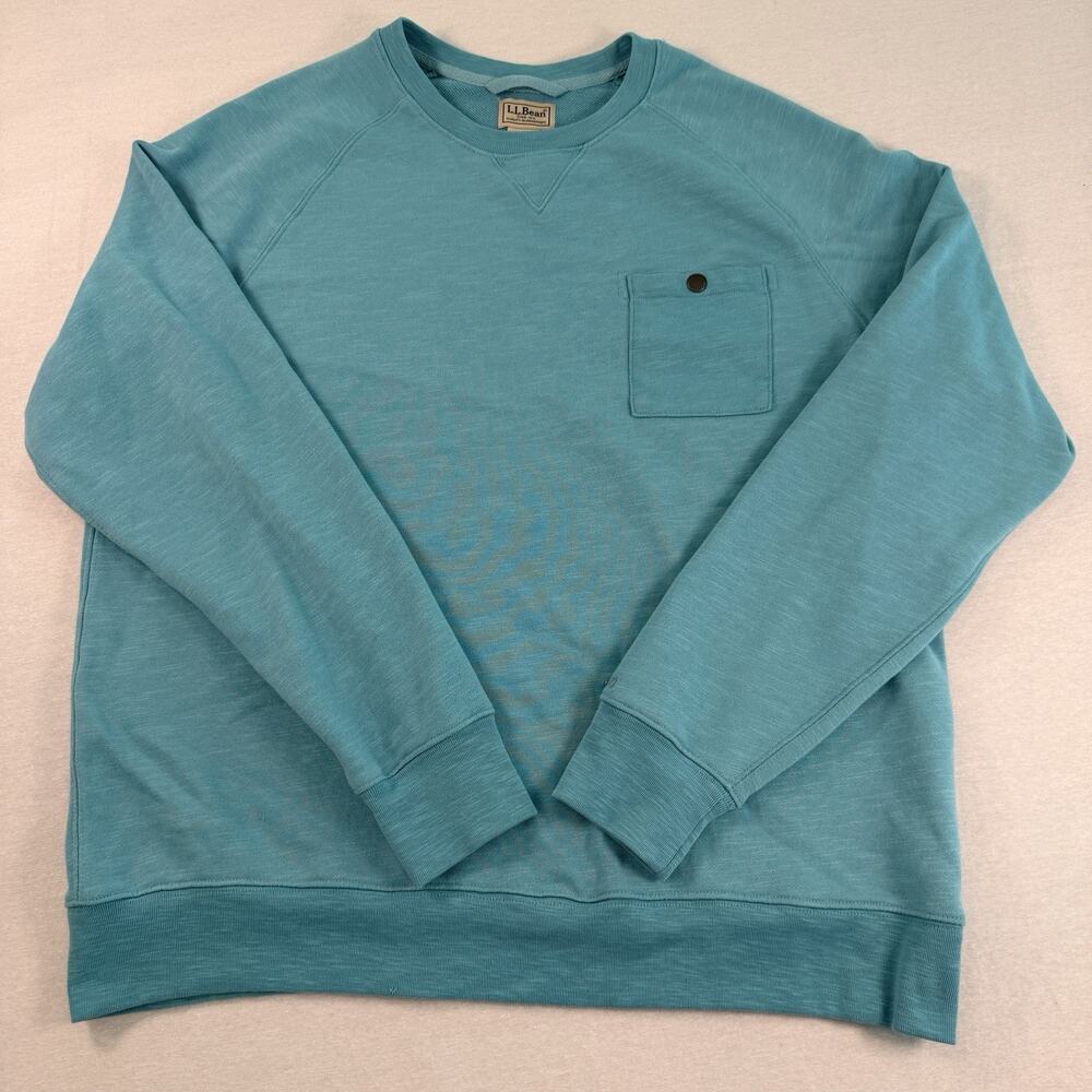 L.L.Bean Men's L Regular Blue Crewneck Pullover Sweatshirt Pocket Button Logo